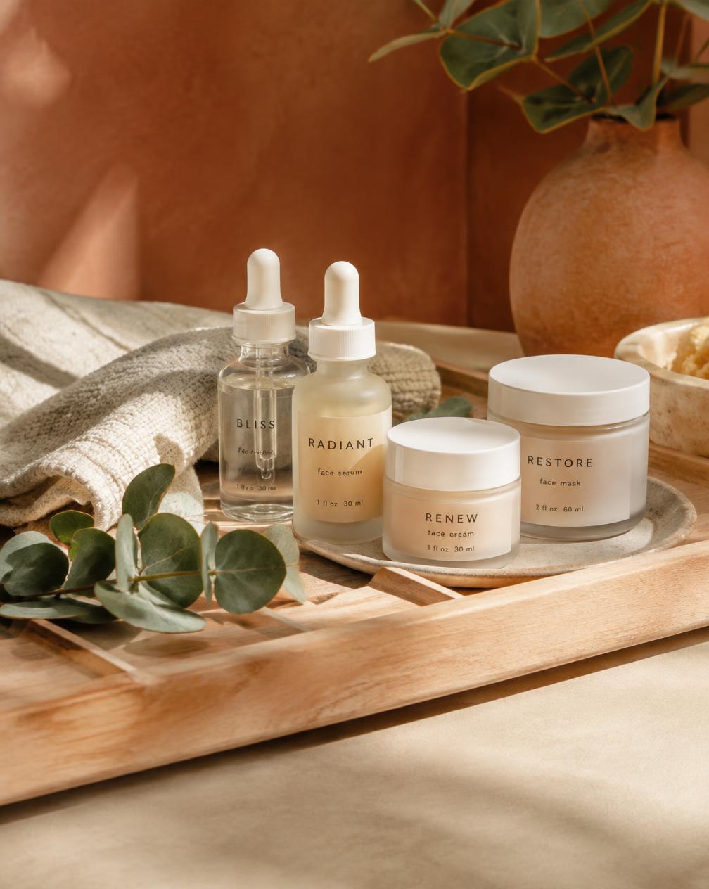 Productos de cuidado facial sobre bandeja de madera