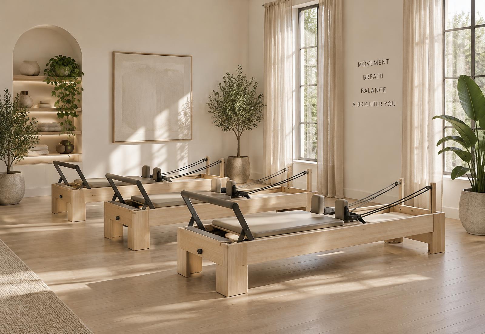 Sala luminosa de Maison con camas de Pilates Reformer de madera clara