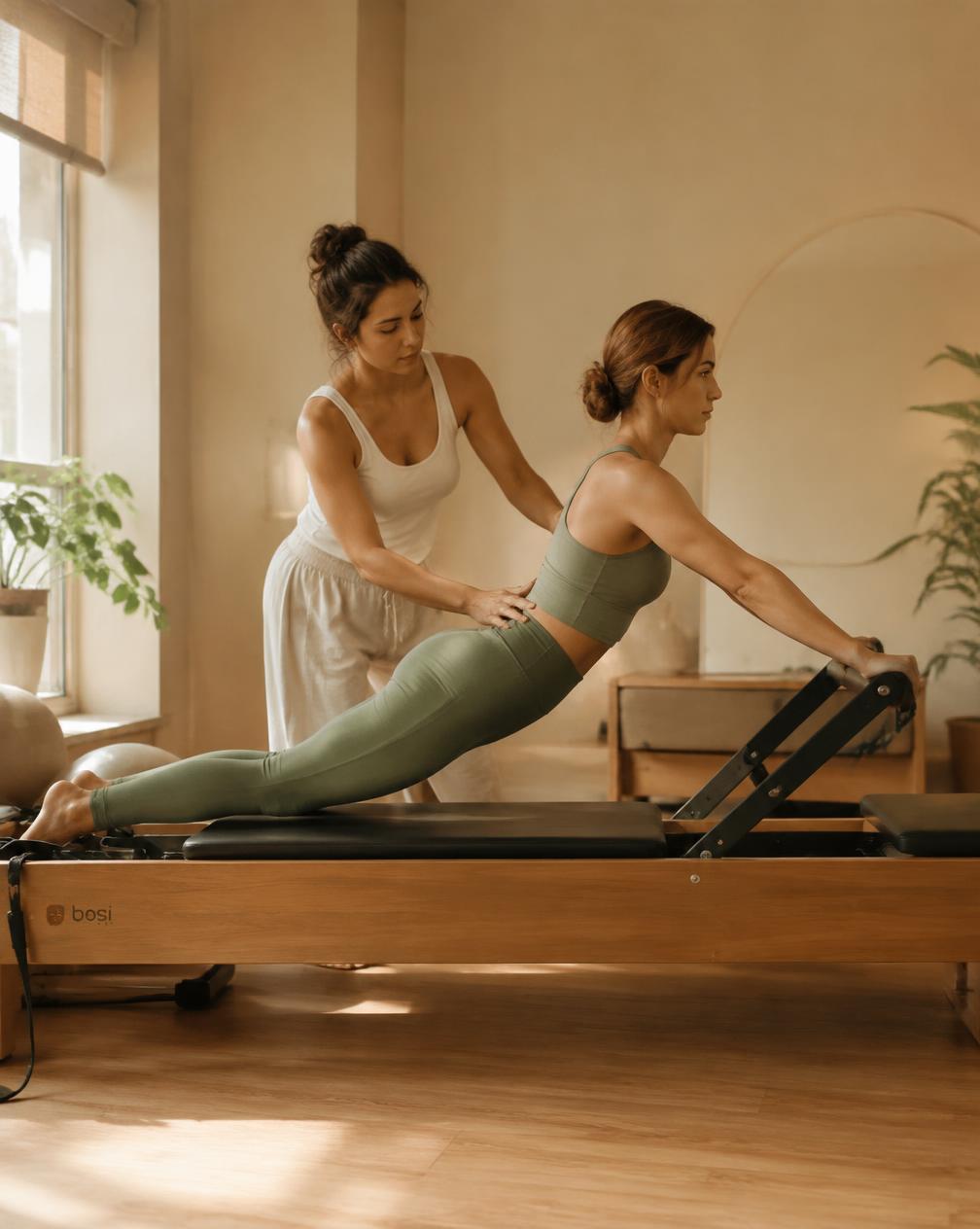 Instructora corrigiendo la postura de una alumna en el Reformer